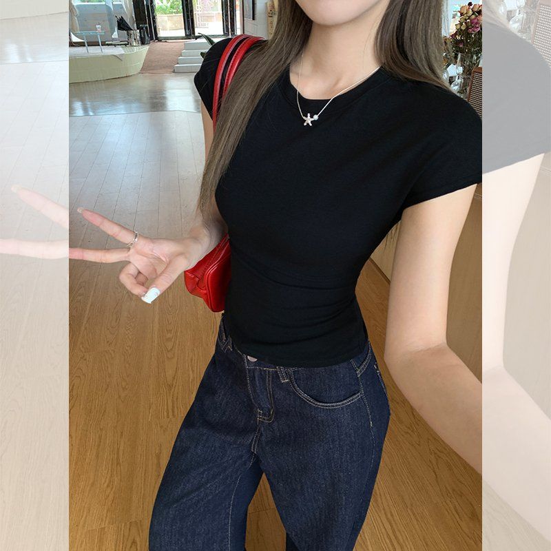 봄 여름 슬림핏 기본 반팔 티셔츠 라운드넥 데일리룩 캐주얼 비스코스 스판 티셔츠 - 상품 이미지