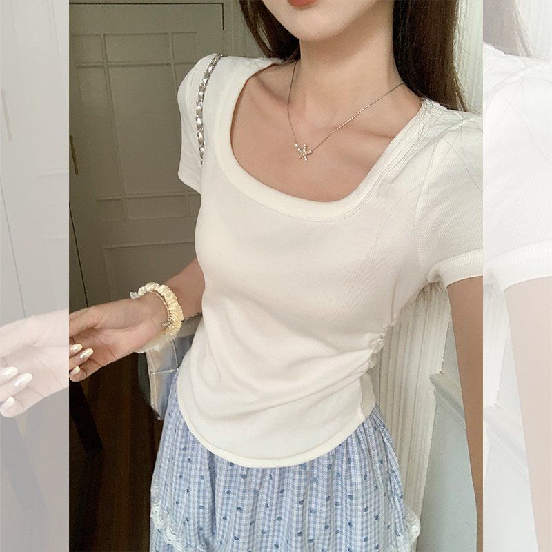 봄 여름 슬림핏 셔링 반팔 티셔츠 스퀘어넥 데일리룩 코리안 스타일 면스판 티셔츠 - 상세 이미지 3