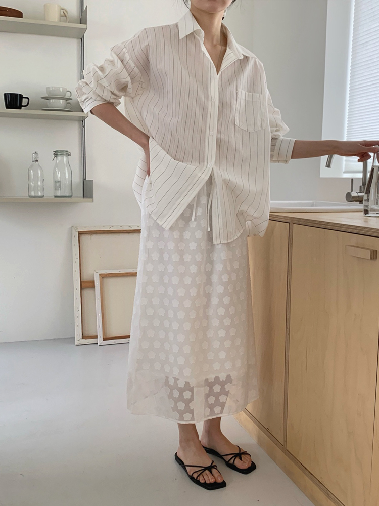 플라워 장미 자수 하이웨스트 슬릿 밴딩 H라인 스커트 썸머 롱 스커트 화이트 여성 여름치마 - 상세 이미지 5