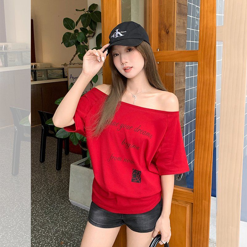 봄 여름 루즈핏 오프숄더 반팔 티셔츠 레터링 프린트 데일리룩 캐주얼 면스판 상의 - 상세 이미지 5