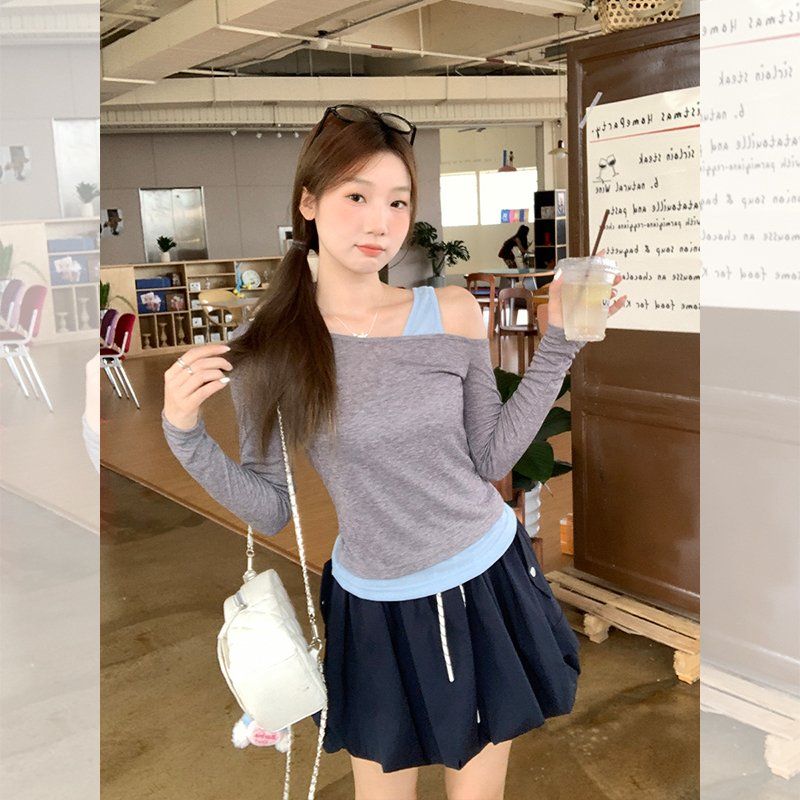 언발란스 오프숄더 긴팔 티셔츠 봄 여름 레이어드룩 배색 데일리룩 텐셀혼방 슬림 티셔츠 - 상세 이미지 2