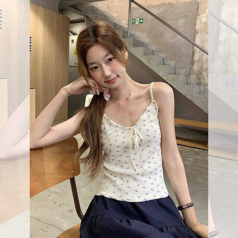 봄 여름 슬림핏 리본패턴 크롭 끈나시 물결넥 데일리룩 러블리룩 면혼방 민소매탑 - 상세 이미지 5