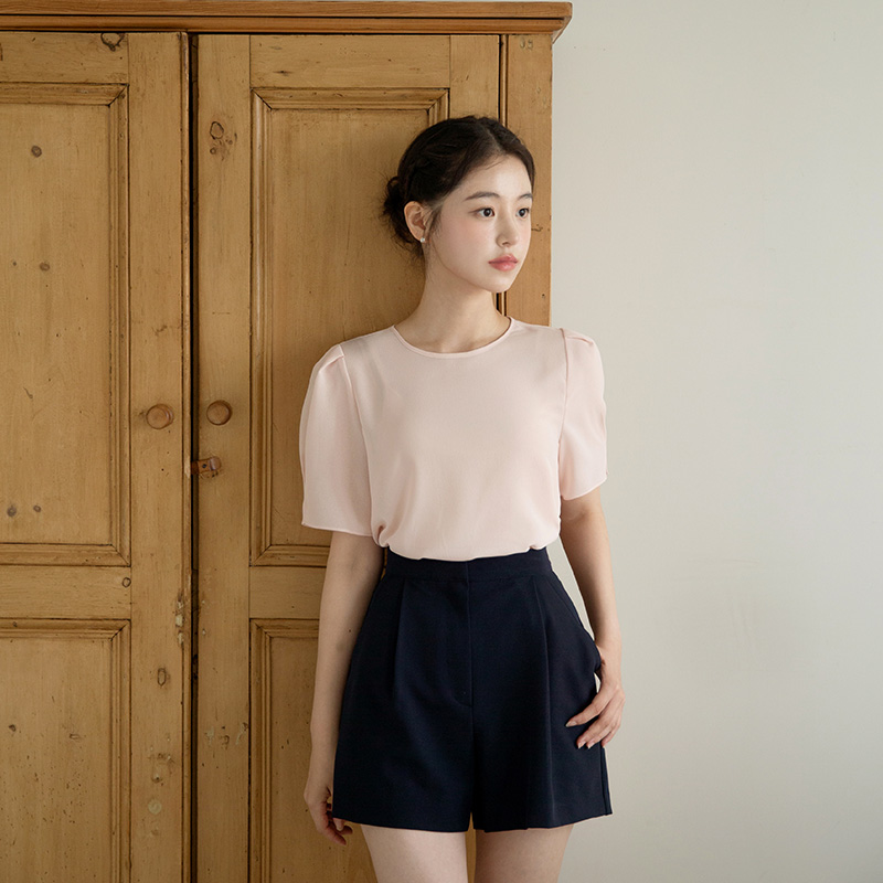 (MADE) 소매 맞턱 뒷넥 리본 쉬폰 반팔 블라우스 bs8186 이미지 2