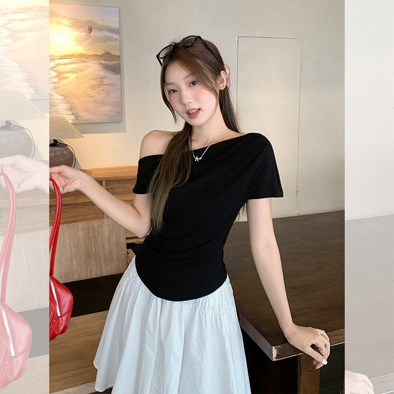 봄 여름 슬림핏 언발란스 오프숄더 반팔 티셔츠 데일리룩 코리안스타일 면혼방 티셔츠 - 상품 이미지