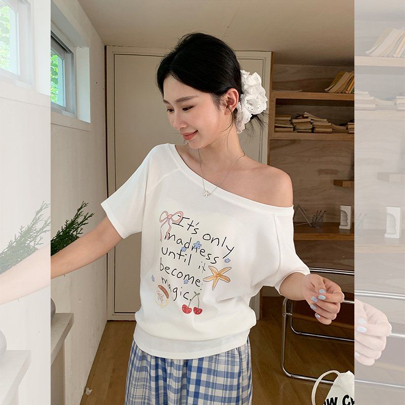봄 여름 루즈핏 오프숄더 반팔 티셔츠 그래피티 프린트 데일리룩 코리안스타일 면스판 티셔츠 - 상세 이미지 4