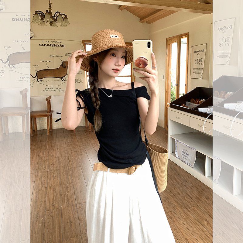 봄 여름 슬림핏 언발란스 오프숄더 리본 반팔 티셔츠 데일리룩 코리안스타일 면혼방 티셔츠 - 상세 이미지 3
