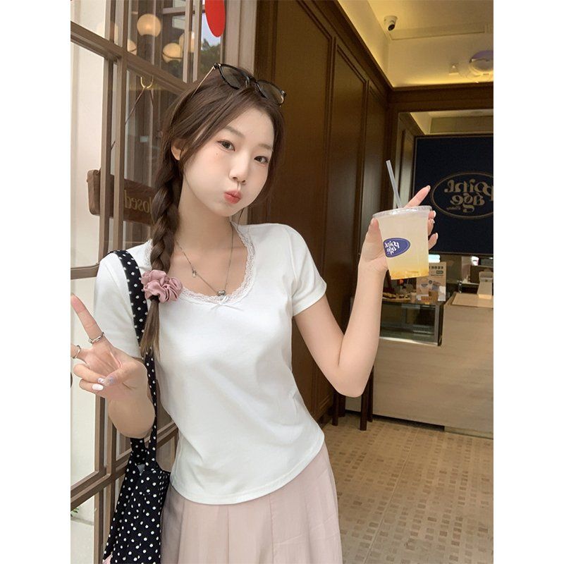 봄 여름 슬림핏 레이스 U넥 반팔 티셔츠 데일리룩 캐주얼룩 부드러운 면스판 상의 - 상세 이미지 5