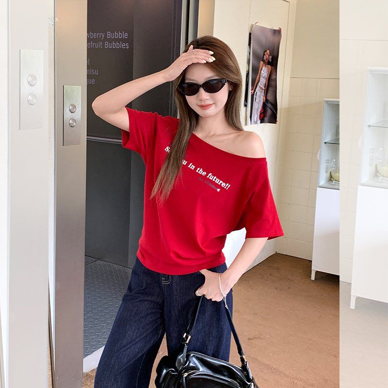봄 여름 루즈핏 오프숄더 반팔 티셔츠 그래피티 레터링 프린트 데일리룩 스윗앤스파이시 티셔츠 - 상세 이미지 4