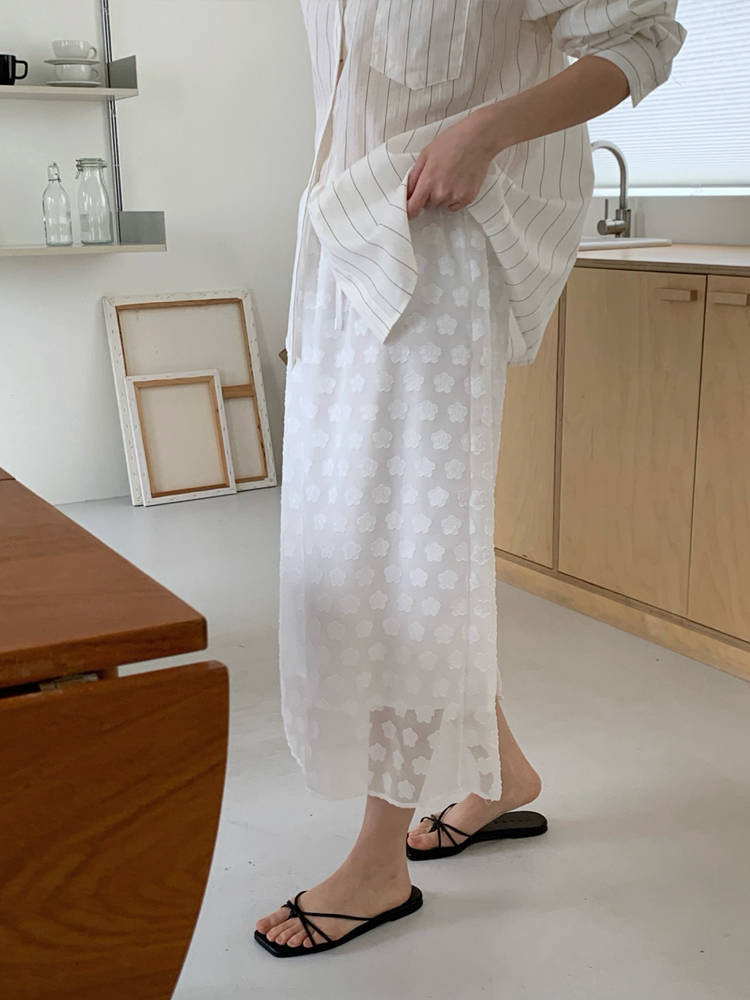 플라워 장미 자수 하이웨스트 슬릿 밴딩 H라인 스커트 썸머 롱 스커트 화이트 여성 여름치마 - 상세 이미지 4