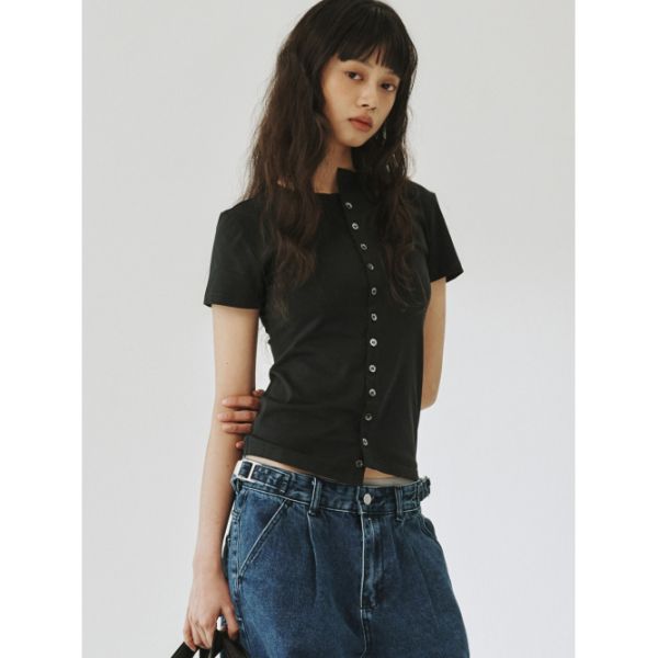 PLZPROJECT ROUND BUTTON SLIM SHIRT BLACK : 다니엘샵02
