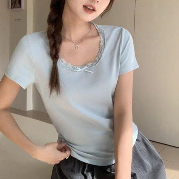 봄 여름 슬림핏 레이스 U넥 반팔 티셔츠 데일리룩 캐주얼룩 부드러운 면스판 상의 - 상품 이미지