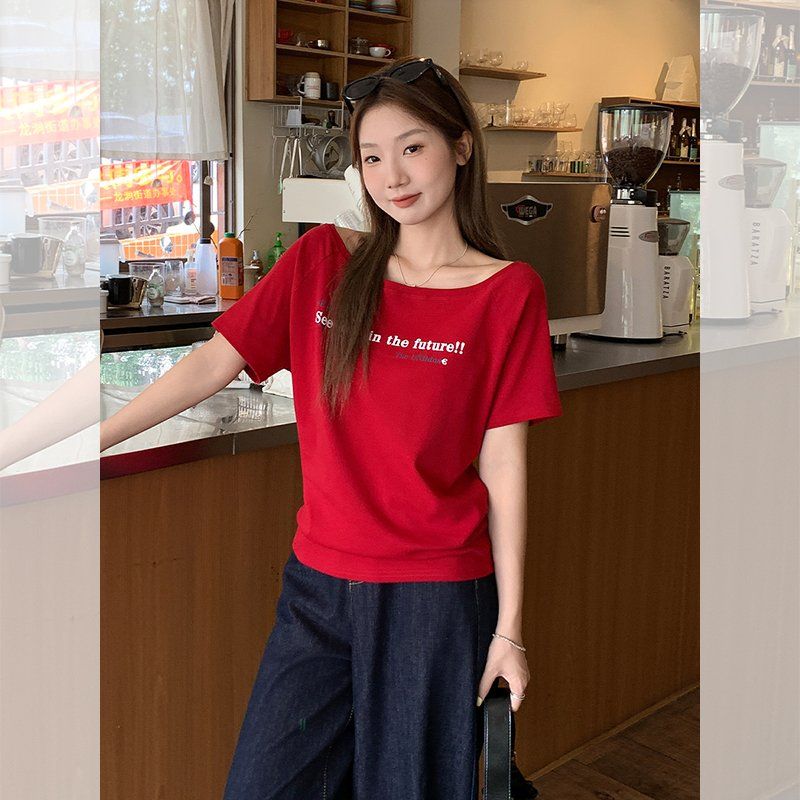 봄 여름 루즈핏 오프숄더 반팔 티셔츠 그래피티 레터링 프린트 데일리룩 스윗앤스파이시 티셔츠 - 상세 이미지 5