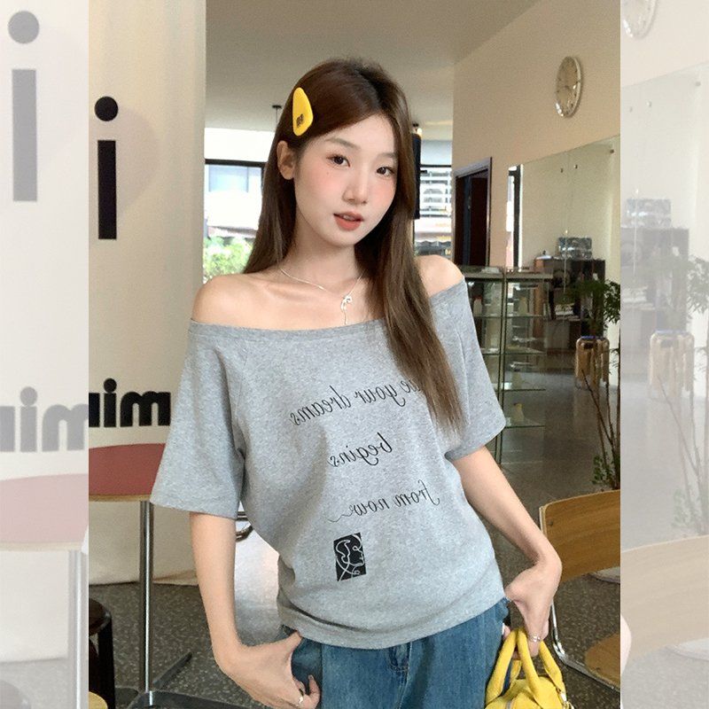 봄 여름 루즈핏 오프숄더 반팔 티셔츠 레터링 프린트 데일리룩 캐주얼 면스판 상의 - 상세 이미지 2