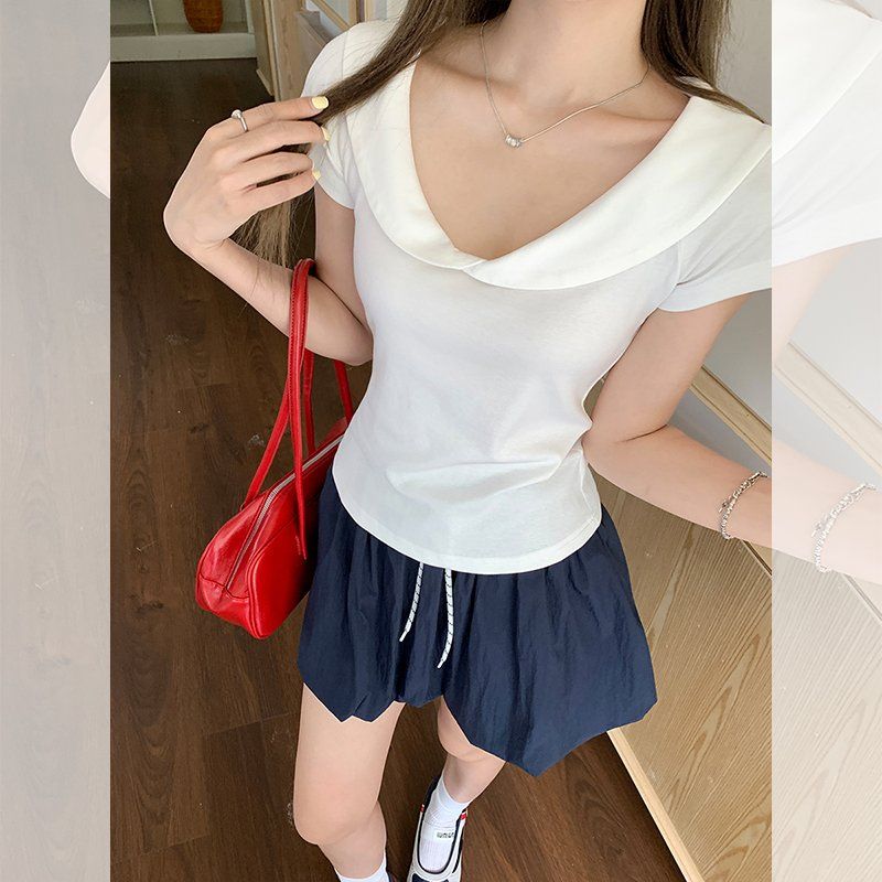 봄 여름 슬림핏 빅카라 반팔 티셔츠 데일리룩 페미닌룩 면스판 세일러카라 티셔츠 - 상세 이미지 3