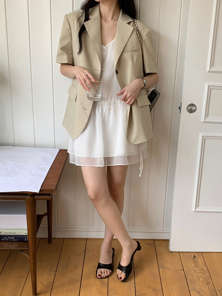 루즈핏 어깨끈 브이넥 레이어드 나시 미니 원피스 스트링 여성 여름 원피스 휴양지 바캉스룩 - 상세 이미지 5