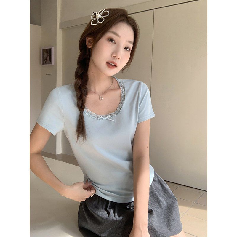 봄 여름 슬림핏 레이스 U넥 반팔 티셔츠 데일리룩 캐주얼룩 부드러운 면스판 상의 - 상세 이미지 2