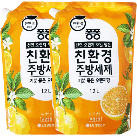 엘지생활건강 퐁퐁 오렌지향 친환경 주방세제 리필 1.2L 2개