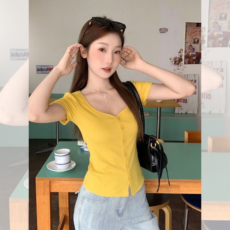 봄 여름 슬림핏 버튼 반팔 티셔츠 U넥 데일리룩 캐주얼 면스판 베이직 티셔츠 - 상세 이미지 2