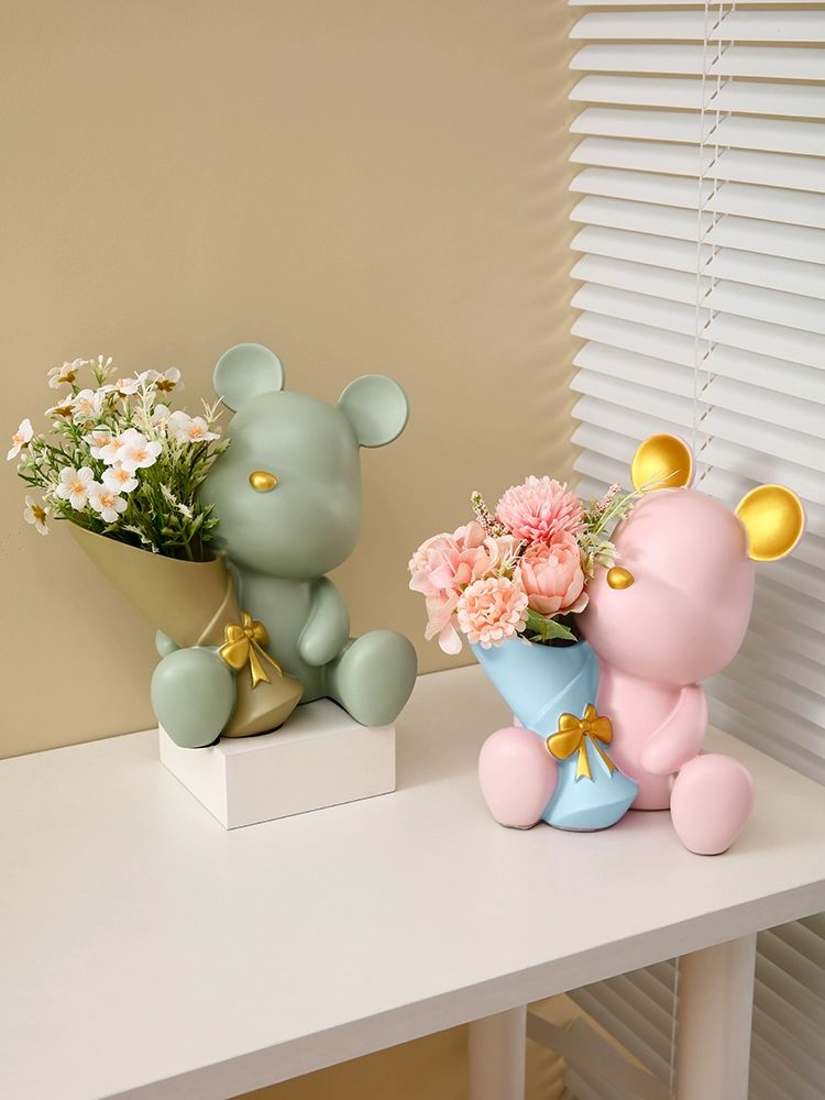 꽃다발 곰 거실 테이블 현관 입구 탁상 소품 장식 홈 데코 집들이 선물 2.녹색 소형 꽃다발 곰노란색 - 상세 이미지 4