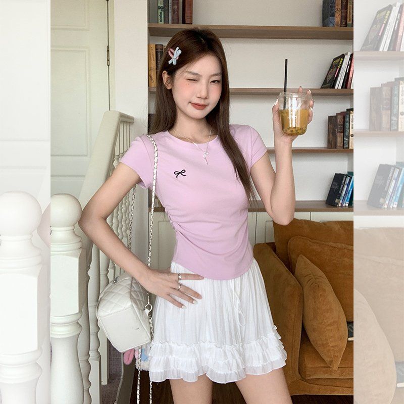 봄 여름 슬림핏 리본 자수 반팔 티셔츠 라운드넥 데일리룩 코리안스타일 면스판 티셔츠 - 상세 이미지 3
