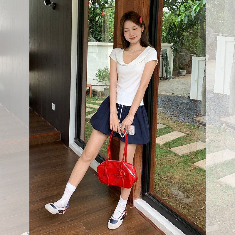 봄 여름 슬림핏 빅카라 반팔 티셔츠 데일리룩 페미닌룩 면스판 세일러카라 티셔츠 - 상세 이미지 5