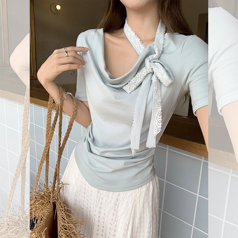 봄 여름 슬림핏 오프숄더 반팔 티셔츠 홀터넥 리본 데일리룩 페미닌룩 면혼방 티셔츠 - 상세 이미지 5