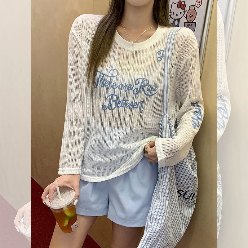 봄 여름 루즈핏 시스루 긴팔 티셔츠 레터링 프린트 라운드넥 데일리룩 캐주얼 면스판 티셔츠 - 상세 이미지 4