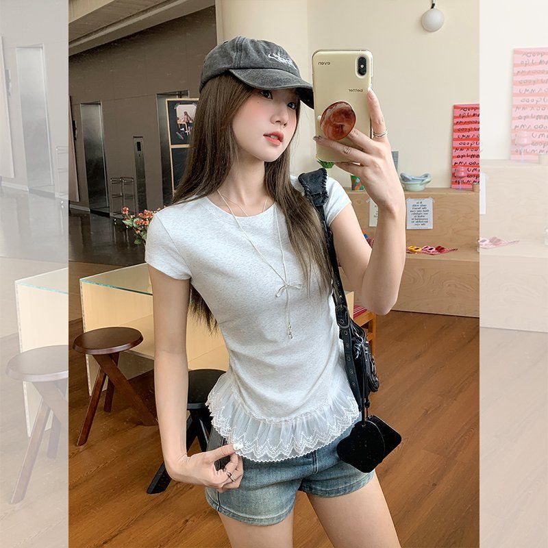 봄 여름 슬림핏 레이스 밑단 반팔 티셔츠 라운드넥 데일리룩 면스판 러블리 티셔츠 - 상세 이미지 2
