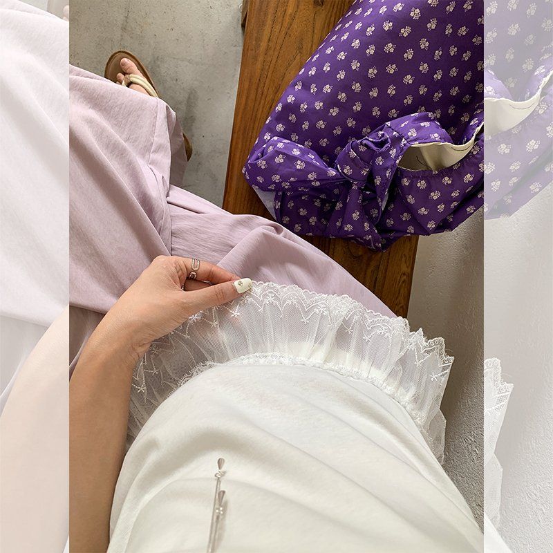 봄 여름 슬림핏 레이스 밑단 반팔 티셔츠 라운드넥 데일리룩 면스판 러블리 티셔츠 - 상세 이미지 5