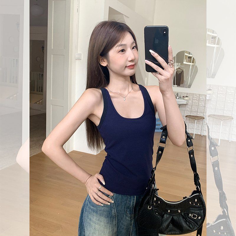봄 여름 슬림핏 골지 끈나시 U넥 데일리룩 캐주얼룩 이너웨어 면스판 기본 민소매탑 - 상세 이미지 4