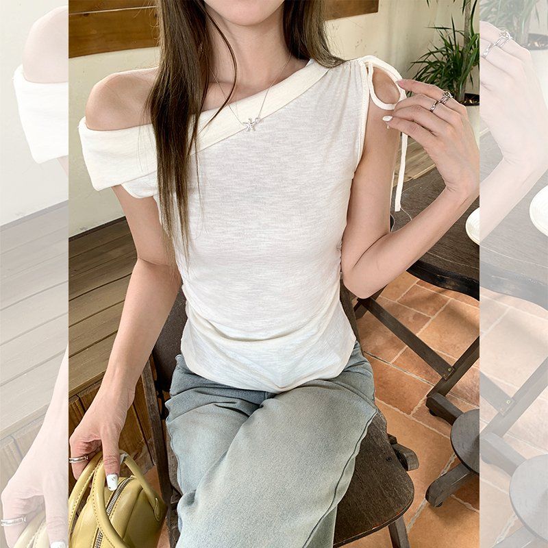 봄 여름 슬림핏 언발란스 오프숄더 리본 반팔 티셔츠 데일리룩 코리안스타일 면혼방 티셔츠 - 상세 이미지 4