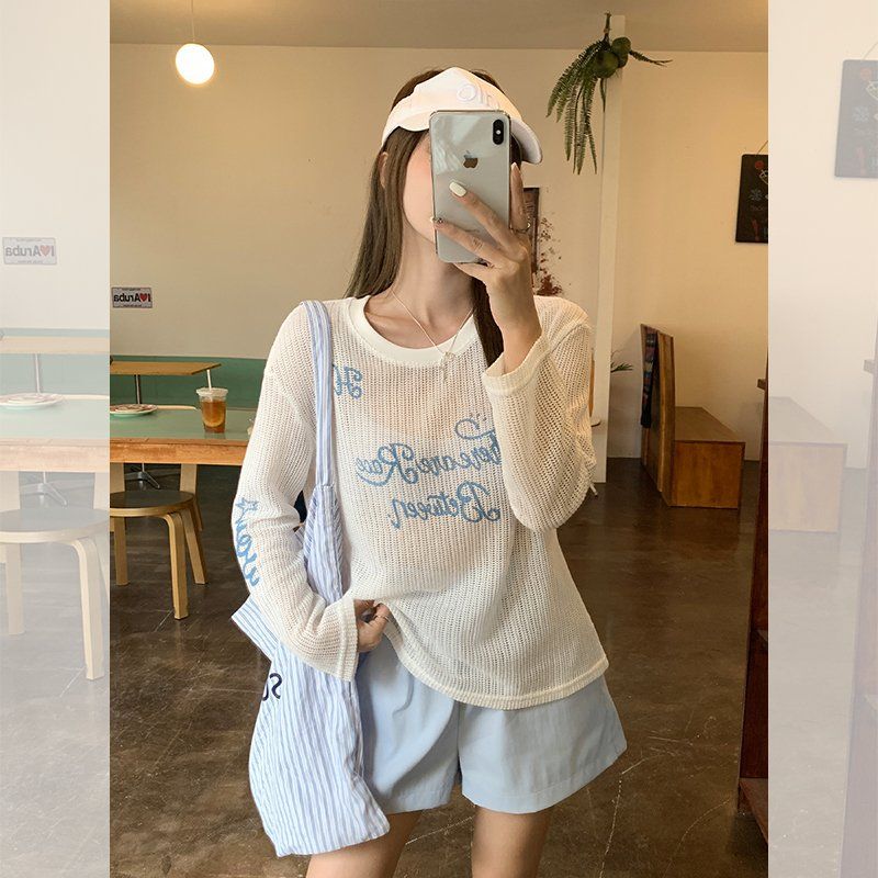 봄 여름 루즈핏 시스루 긴팔 티셔츠 레터링 프린트 라운드넥 데일리룩 캐주얼 면스판 티셔츠 - 상품 이미지