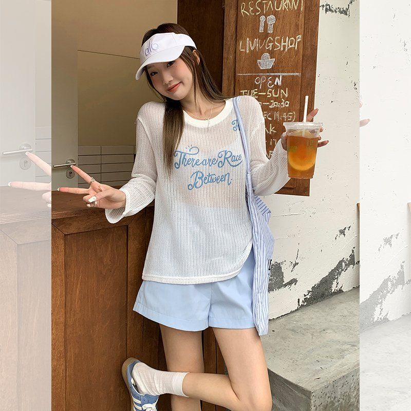 봄 여름 루즈핏 시스루 긴팔 티셔츠 레터링 프린트 라운드넥 데일리룩 캐주얼 면스판 티셔츠 - 상세 이미지 3