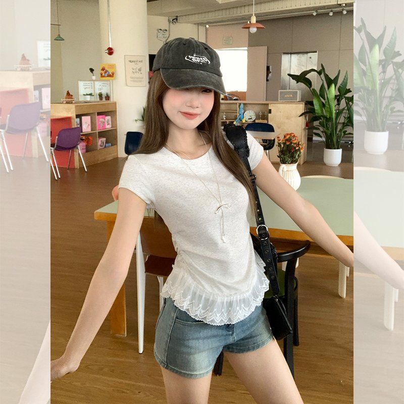 봄 여름 슬림핏 레이스 밑단 반팔 티셔츠 라운드넥 데일리룩 면스판 러블리 티셔츠 - 상품 이미지