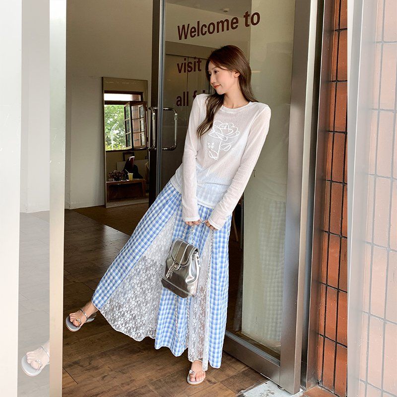 봄 여름 루즈핏 플라워 프린트 긴팔 티셔츠 라운드넥 데일리룩 시스루 폴리 혼방 티셔츠 - 상세 이미지 5