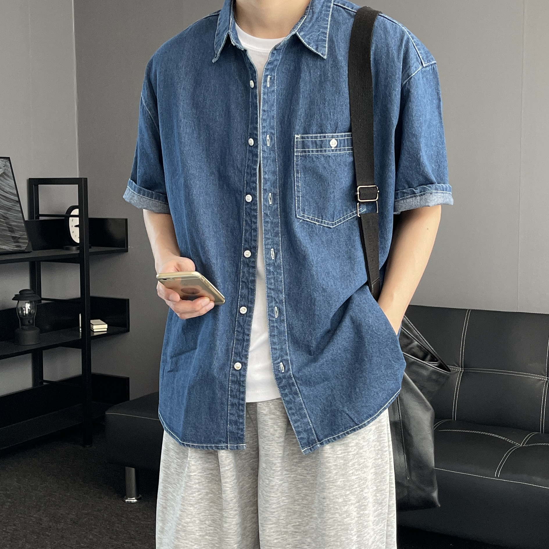 남자반팔청남방 남자청남방 흑청셔츠 이미지 8