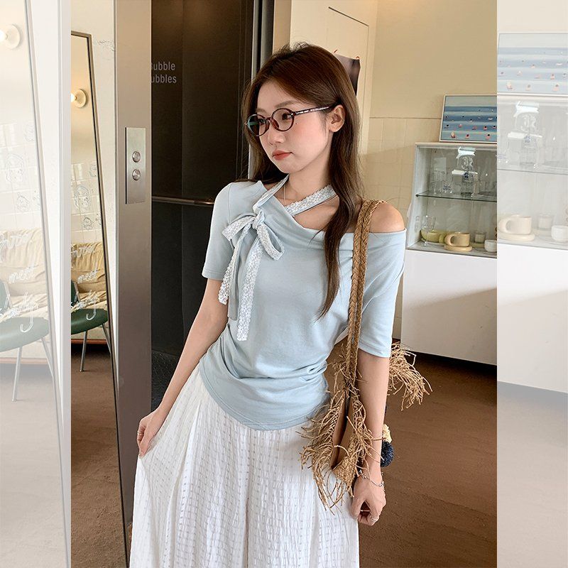 봄 여름 슬림핏 오프숄더 반팔 티셔츠 홀터넥 리본 데일리룩 페미닌룩 면혼방 티셔츠 - 상세 이미지 4
