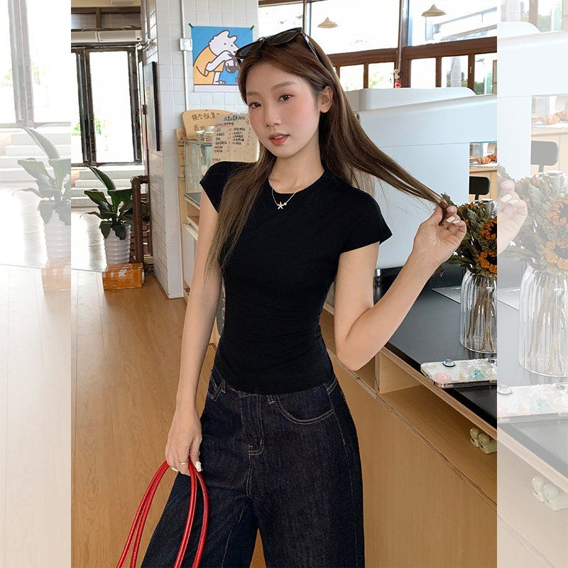 봄 여름 슬림핏 기본 반팔 티셔츠 라운드넥 데일리룩 캐주얼 비스코스 스판 티셔츠 - 상세 이미지 3