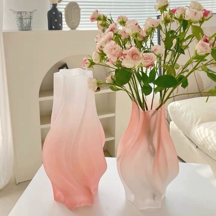 꽃병 꼬인 파스텔섹깔 우아한 유리 화병 꽃꽂이 장식품 1.꽃병 소형 핑크색 - 상품 이미지