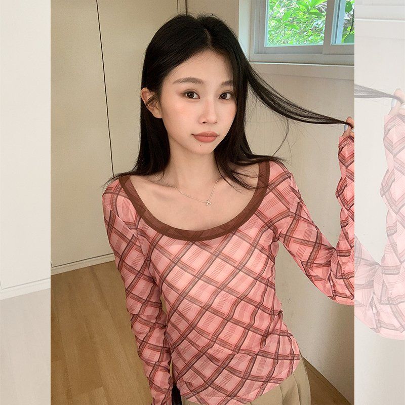여성 봄여름 U넥 체크패턴 시스루 긴팔 티셔츠 슬림핏 폴리스판 이너 데일리 캐주얼 - 상세 이미지 2