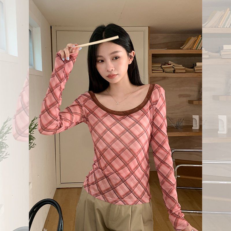 여성 봄여름 U넥 체크패턴 시스루 긴팔 티셔츠 슬림핏 폴리스판 이너 데일리 캐주얼 - 상세 이미지 3