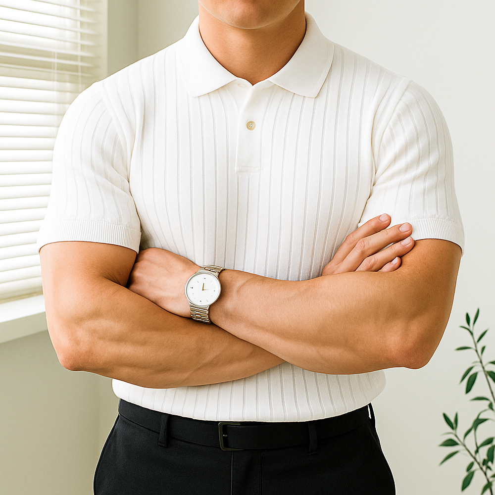 머슬핏 카라 반팔 니트 남성 린넨 카키