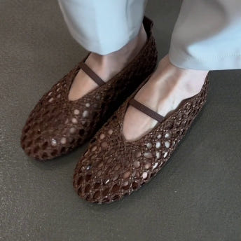 여성 천연양가죽 위빙 샌들 크로쉐 펀칭 샌들 시원한 여름 신발 브라운 3color - 상품 이미지