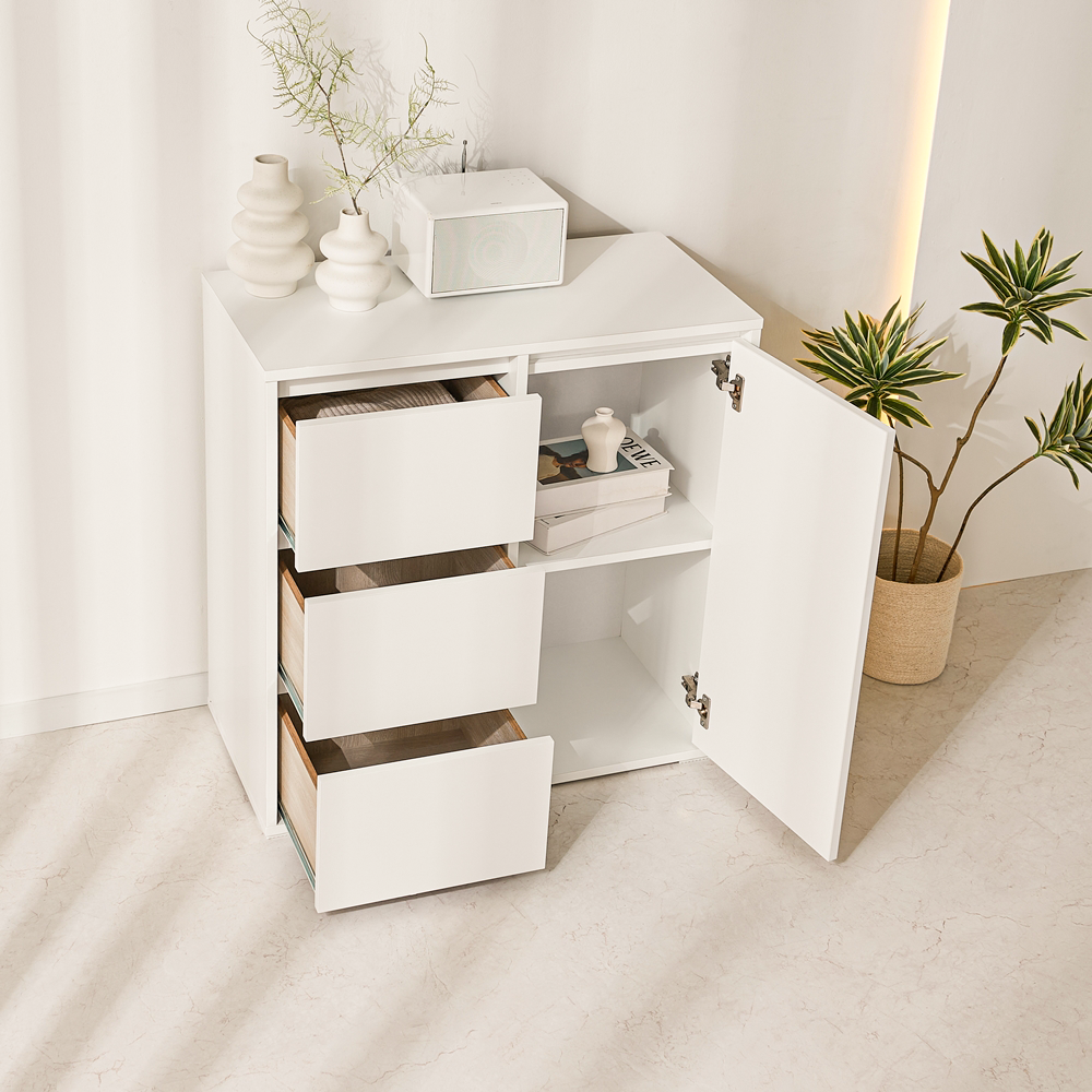 무드인 거실모듈 서랍형 침대옆 LP 옷 높은 안방 수납장 800x400x825mm, 3단, 화이트