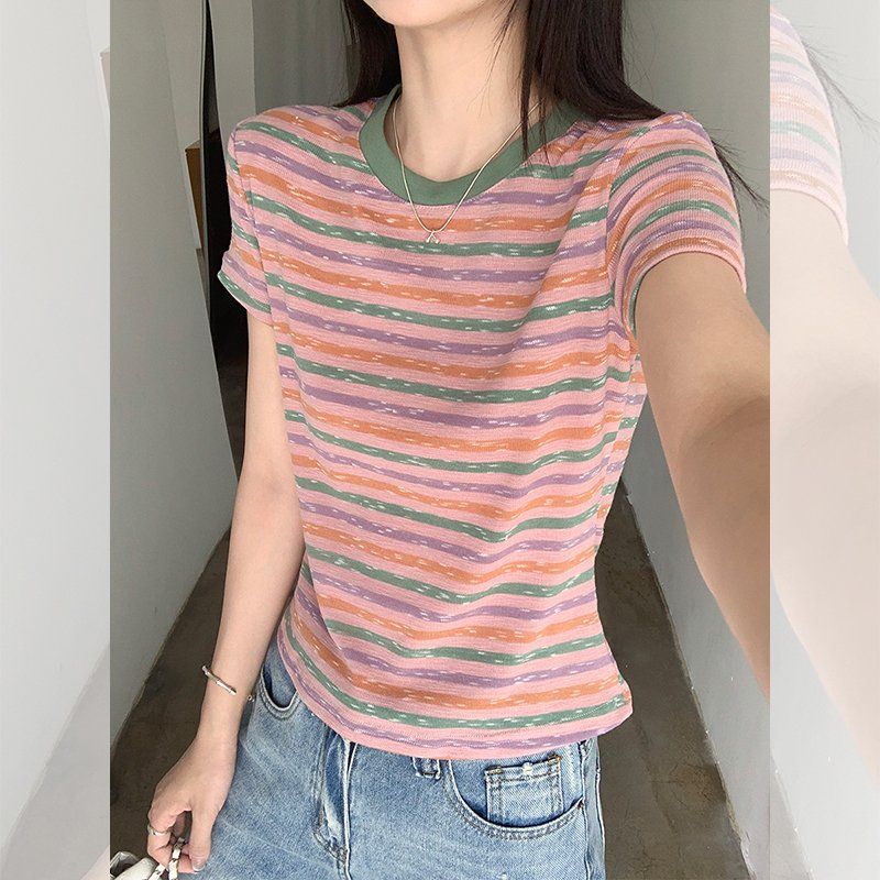여성 봄여름 스트라이프 라운드넥 반팔 티셔츠 루즈핏 데일리 캐주얼 이지웨어 - 상세 이미지 2