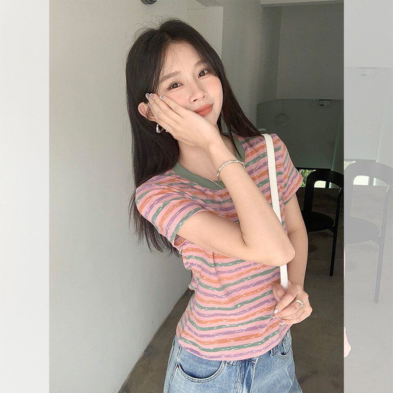 여성 봄여름 스트라이프 라운드넥 반팔 티셔츠 루즈핏 데일리 캐주얼 이지웨어 - 상세 이미지 3