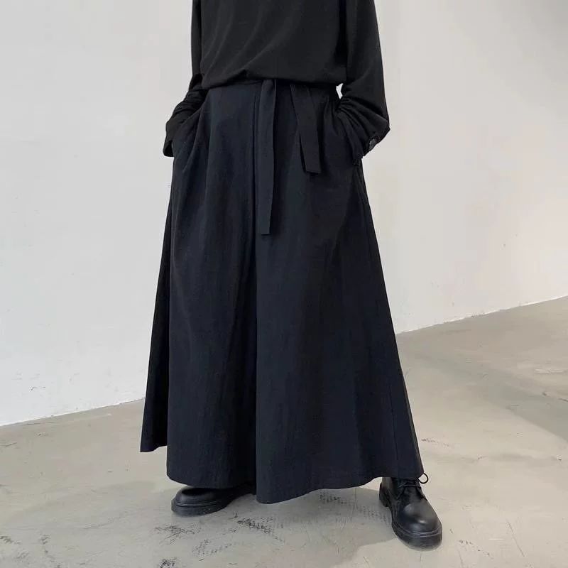 와이드팬츠 검도바지 핏 사무라이 벌룬 힙합 도복 통큰 순수 검정색 스커트 팬츠 - 상품 이미지