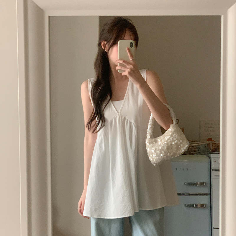 V넥 셔링 민소매 나시 롱 블라우스 bs8214 이미지 2