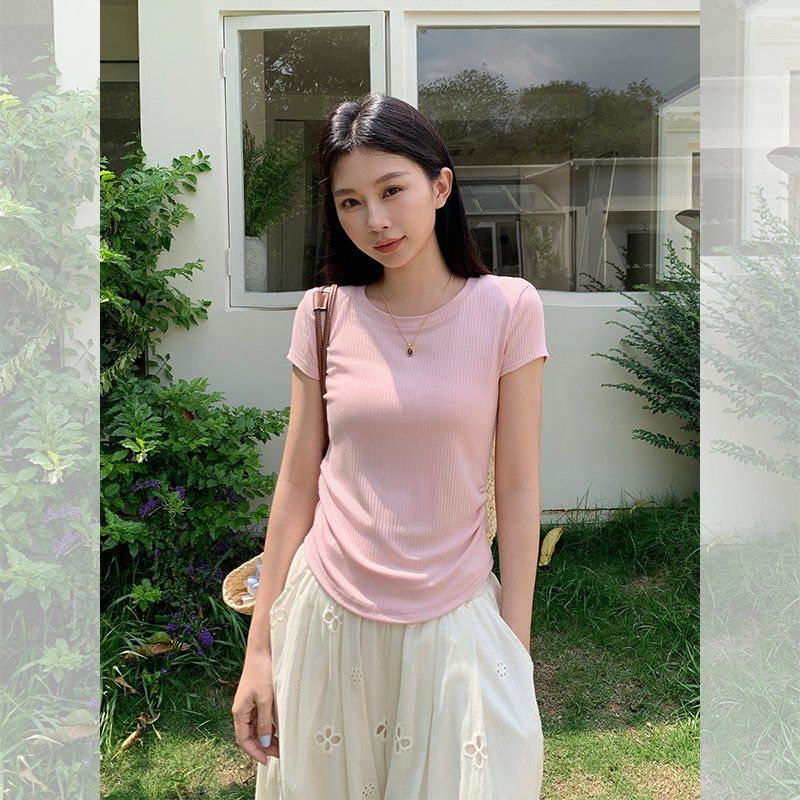 여성 봄여름 골지 라운드넥 슬림핏 반팔 니트 티셔츠 데일리 캐주얼 이지웨어 - 상세 이미지 2