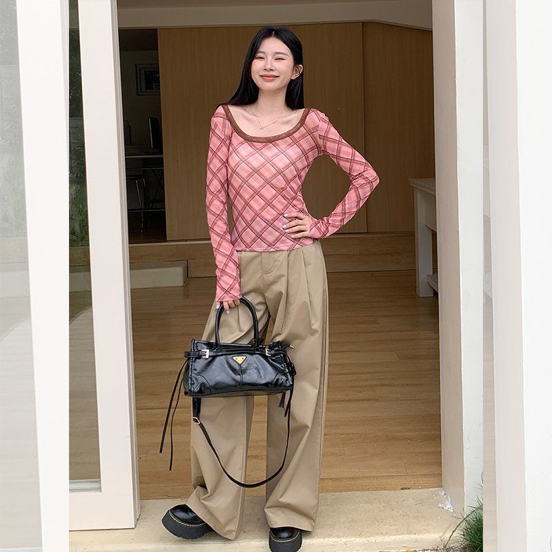 여성 봄여름 U넥 체크패턴 시스루 긴팔 티셔츠 슬림핏 폴리스판 이너 데일리 캐주얼 - 상세 이미지 5